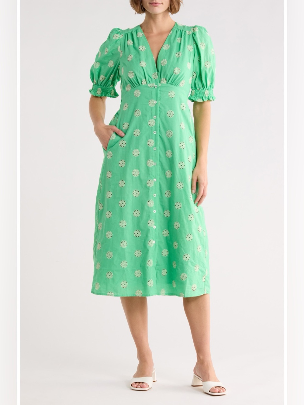 FRNCH Mint Green Eyelet Midi Dress with Puff Sleeves